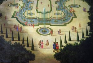 La Salle des Festins ou Salle du Conseil részlet a tavakról és az előtérben lévő figurákról, 1688 körül olaj, vászon